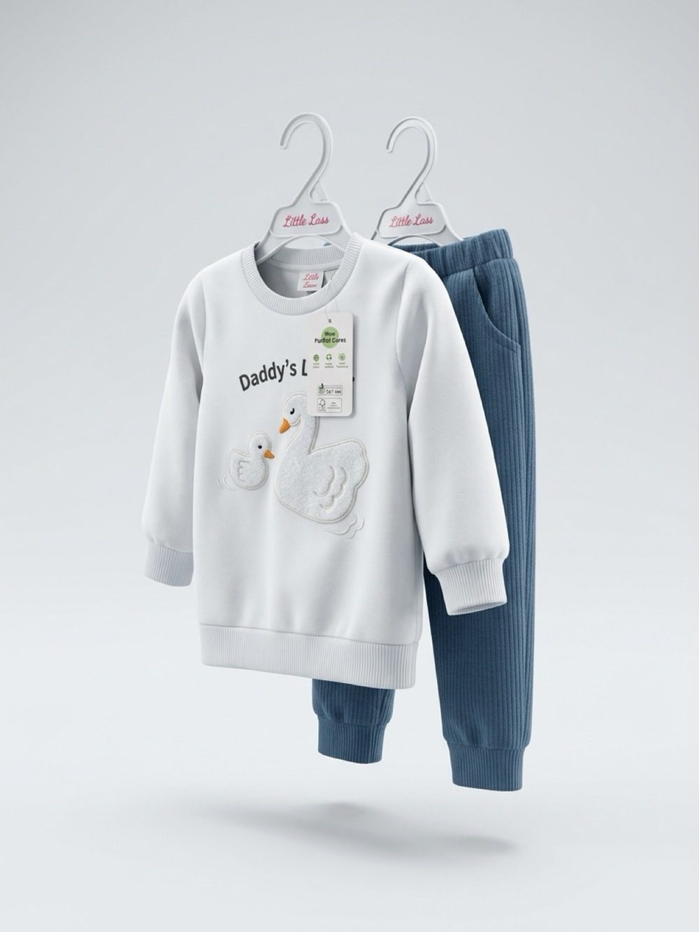 Little Lass White Sweatshirt & Blue Ribbed Pajama Set with Duck Motif